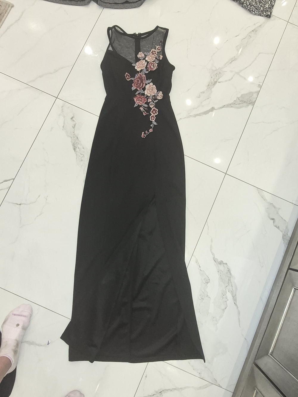 Xtraordinary Black Maxi Dress with Pink Rose Embroidery Junior Dress Size 1